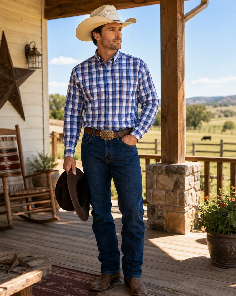 George Strait Wrangler XL Relaxed Fit Plaid Button Down Shirt Blue Cotton